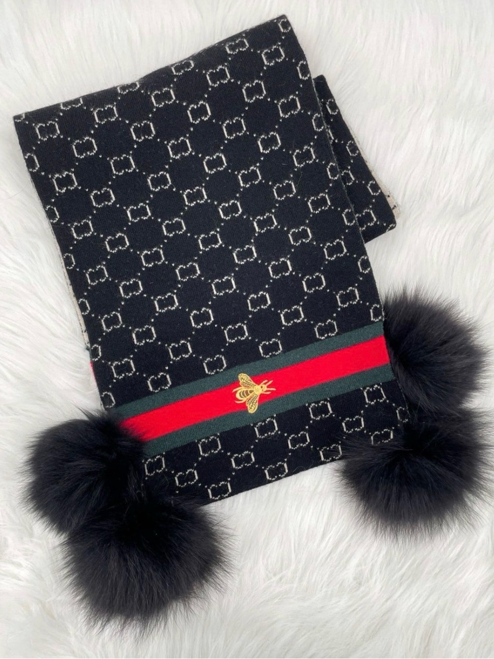 Mitchie’s Luxury Black Knit Scarf with Pom-Poms and Bee Accent wool